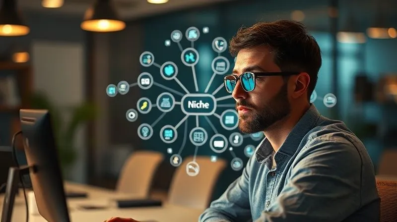 A photorealistic image of a digital freelancer, thoughtfully contemplating a complex mind map on a transparent screen, surrounded by glowing data points and interconnected ideas, representing the process of niche identification and strategy formulation. Cinematic lighting highlights the focused expression, depth of field blurs a modern, minimalist office background. 8K hyper-detailed, shot on a high-end DSLR.