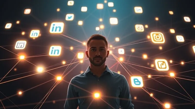 A photorealistic image depicting a network of glowing lines connecting various social media icons (LinkedIn, Instagram, a generic blog icon) to a central, brightly lit figure of a digital freelancer, symbolizing strategic online presence and connection. Cinematic lighting creates a sense of dynamism and interconnectedness. 8K hyper-detailed, shot on a high-end DSLR.