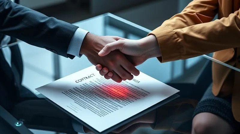 A photorealistic image of two professional hands, one male and one female, shaking firmly over a stylized, glowing contract document on a modern glass table. Cinematic lighting emphasizes the crisp details of the hands and the subtle reflections, with a sharp focus on the handshake, symbolizing successful negotiation and agreement. 8K hyper-detailed, shot on a high-end DSLR.