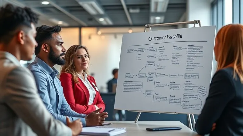 Photorealistic image of a diverse group of business professionals in a modern office setting, engaged in a brainstorming session, with a whiteboard displaying a detailed 'customer persona' profile. Cinematic lighting, sharp focus on the whiteboard, depth of field. 8K.
