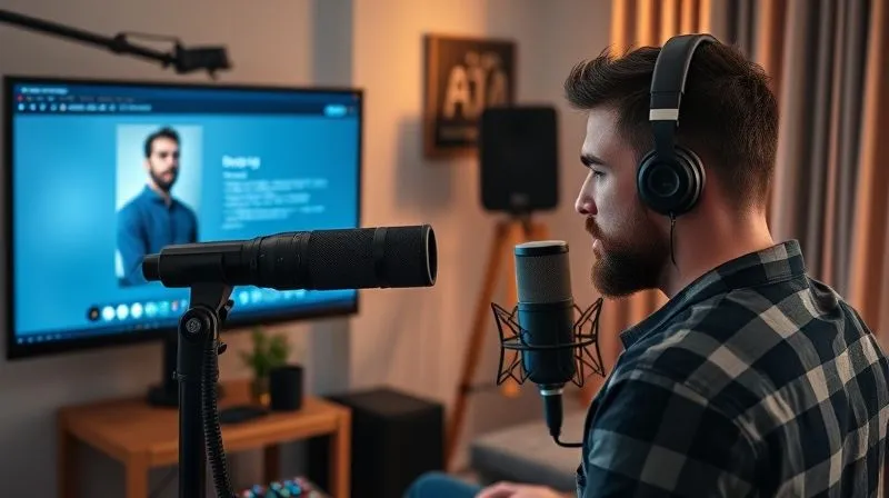 Photorealistic image of a freelance content creator recording a professional video in a home studio, with soft lighting and a high-quality microphone. The screen displays a blog post draft. Professional photography, 8K, cinematic lighting, sharp focus on the creator, depth of field.