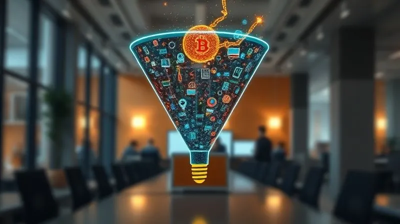 Photorealistic image of a stylized marketing funnel, glowing with digital data flowing from top to bottom, representing lead conversion. The background is a blurred, modern office environment. Professional photography, 8K, cinematic lighting, sharp focus on the funnel, depth of field.