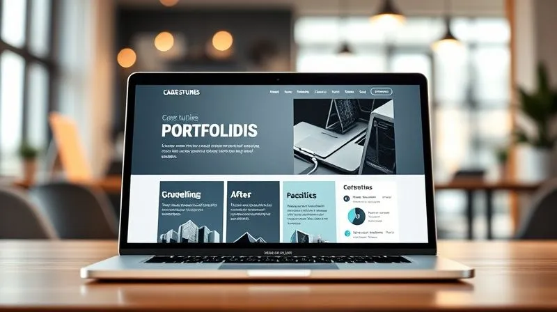 An elegant digital portfolio website displayed on a sleek laptop screen, featuring clear, impactful case studies with bold headlines and compelling data visualizations like growth charts and before-and-after comparisons. Photorealistic, professional photography, 8K, cinematic lighting, sharp focus on the screen content, depth of field blurring a modern workspace background, shot on a high-end DSLR.