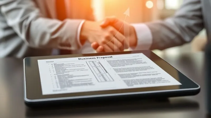 A meticulously crafted, professional business proposal document open on a tablet, with a confident handshake occurring in the background between a freelancer and a client. A subtle overlay of a growth graph or upward trending arrow is visible. Photorealistic, professional photography, 8K, cinematic lighting, sharp focus on the proposal and the handshake, depth of field blurring the background, shot on a high-end DSLR.