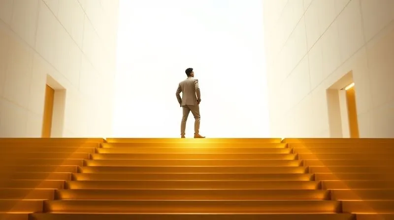 A stylized, ascending golden staircase leading to a brightly lit, expansive platform where a digital freelancer stands confidently, looking towards a horizon of growth and opportunity. The staircase represents career progression and increased earnings. Photorealistic, professional photography, 8K, cinematic lighting, sharp focus on the freelancer and the platform, depth of field blurring the background, shot on a high-end DSLR.