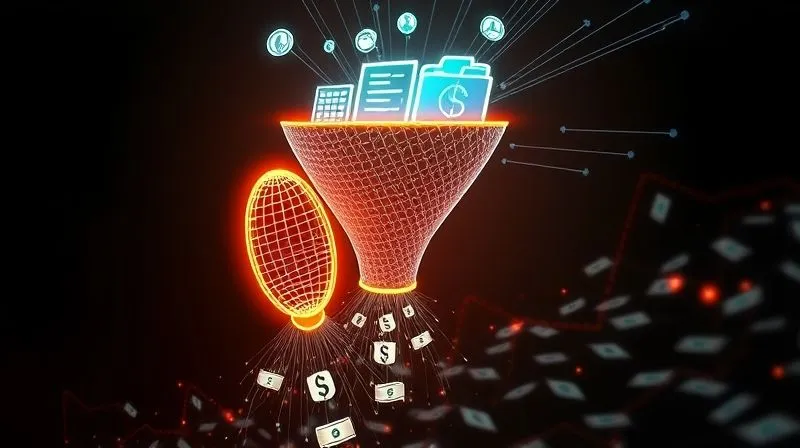 A photorealistic image of a digital funnel, glowing with lines of data, with various digital products (an e-book icon, a course module, a template folder) entering the top and streams of currency flowing out the bottom, illustrating passive income generation. The scene is set against a dark, futuristic background with subtle cinematic lighting, sharp focus on the funnel, 8K hyper-detailed, professional photography, shot on a high-end DSLR.