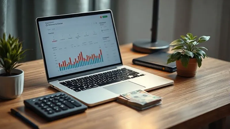 A neat, organized desk with a laptop displaying a financial dashboard, a calculator, a stack of crisp banknotes, and a small plant. The scene conveys financial clarity and control for a digital freelancer. Photorealistic, 8K, cinematic lighting, sharp focus, depth of field. The overall feeling is one of peace and financial stability.