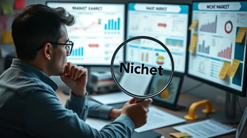 A photorealistic image of a person at a desk, surrounded by sticky notes and digital screens showing market research data, charts, and customer feedback forms, with a magnifying glass over a specific niche market. Cinematic lighting, sharp focus on the person's thoughtful expression, depth of field blurring the background, 8K hyper-detailed, professional photography. Emphasize problem-solving and strategic thinking.
