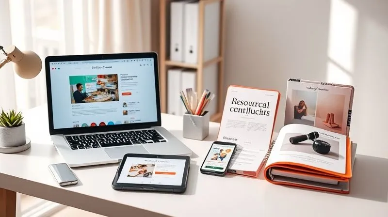 A photorealistic, vibrant image showcasing a variety of digital products neatly arranged on a modern, minimalist desk. Items include an open laptop displaying an online course interface, a tablet with an e-book cover, a smartphone showing social media templates, and a stylized folder representing a resource bundle. Soft, natural light illuminates the scene, with a sharp focus on the products, depth of field blurring the background, 8K hyper-detailed, professional photography. Emphasize diversity and digital innovation.
