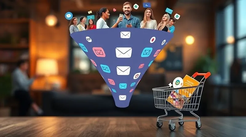 A photorealistic, visually engaging infographic of a sales funnel, starting wide at the top and narrowing down. The top shows diverse people interacting with content (blog, social media), the middle shows email icons and lead magnets, and the bottom shows a shopping cart with a digital product and a happy customer. Cinematic lighting, sharp focus on the funnel's progression, depth of field blurring the background, 8K hyper-detailed, professional photography. Emphasize clarity and flow.