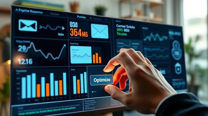 A photorealistic, futuristic image of a digital dashboard displaying various automated processes: email sequences flowing, sales figures updating in real-time, and customer support bots interacting. A hand hovers over a 'optimize' button. Cinematic lighting, sharp focus on the dashboard, depth of field blurring a background of a serene home office, 8K hyper-detailed, professional photography. Emphasize efficiency and control.