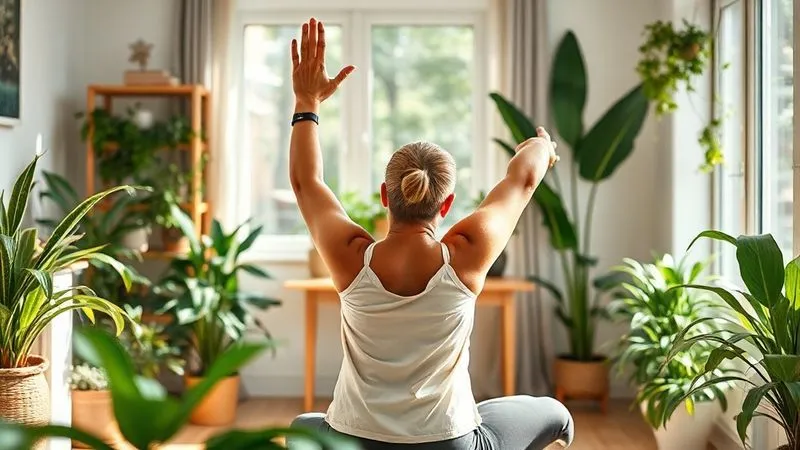 A photorealistic image of a person practicing a gentle stretching routine in a sunlit home office, surrounded by green plants, conveying a sense of calm and well-being. Cinematic lighting, sharp focus, 8K, professional photography, shot on a high-end DSLR.