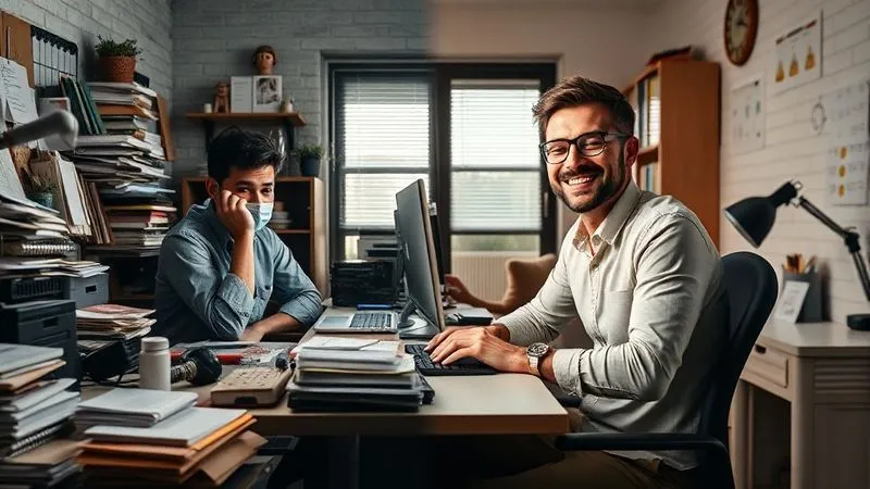 A photorealistic image contrasting a stressed, overwhelmed freelancer at a cluttered desk with a relaxed, smiling freelancer at a clean, organized desk, symbolizing transformation and well-being. Cinematic lighting, sharp focus, 8K, professional photography, shot on a high-end DSLR.