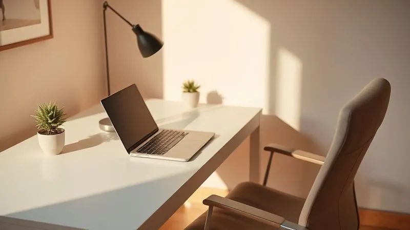 A photorealistic image of a minimalist and organized home office desk with a laptop, a small plant, and a comfortable chair, bathed in warm, natural light. The desk is clean, signaling a clear workspace. Sharp focus on the desk area, depth of field blurring the background. 8K, cinematic lighting, professional photography, shot on a high-end DSLR.