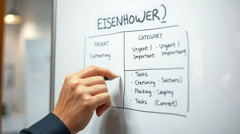 A photorealistic image of a person's hand drawing the Eisenhower Matrix on a whiteboard, with clear categories (Urgent/Important) and tasks written inside. The hand is in motion, suggesting active planning. Cinematic lighting, sharp focus on the whiteboard, depth of field blurring the background. 8K, professional photography, shot on a high-end DSLR.