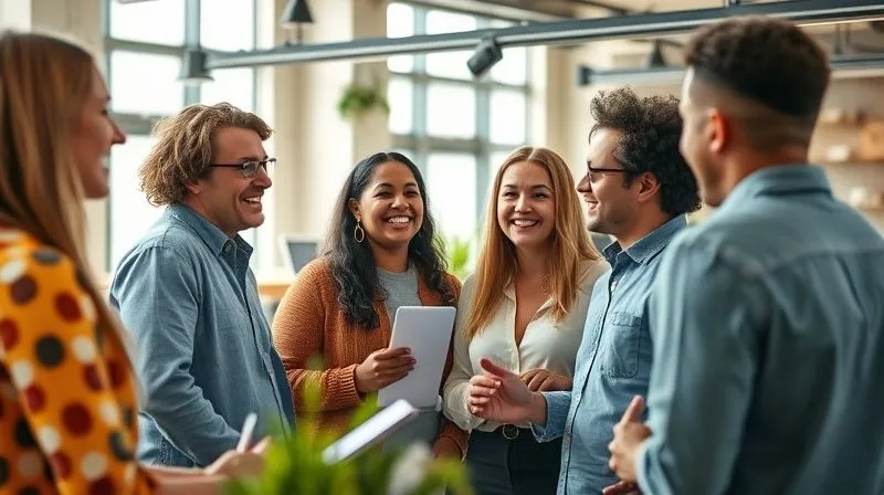 A photorealistic image of a diverse group of freelancers collaborating and networking in a modern co-working space, smiling and engaged in discussion. The atmosphere is vibrant and supportive, with natural light streaming in. Sharp focus on the group, depth of field blurring the background elements. 8K, cinematic lighting, professional photography, shot on a high-end DSLR.