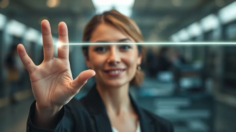 A photorealistic image of a professional woman with a calm, confident expression, drawing a clear, glowing boundary line in the air with her hand, separating herself from a blurred, demanding digital interface. The light emphasizes the boundary, symbolizing firm but polite limits. Cinematic lighting, sharp focus, depth of field, 8K, professional photography, shot on a high-end DSLR.