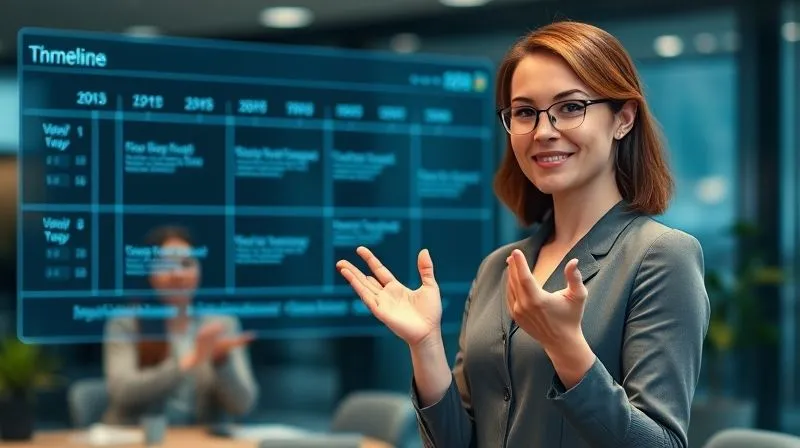 A photorealistic image of a skilled project manager, perhaps a woman in a modern office, standing confidently in front of a transparent digital screen displaying a well-organized project timeline and milestones. Her hand gestures indicate clarity and control, and the client (blurred in the background) appears to be nodding in understanding. Cinematic lighting, sharp focus, depth of field, 8K, professional photography, shot on a high-end DSLR.