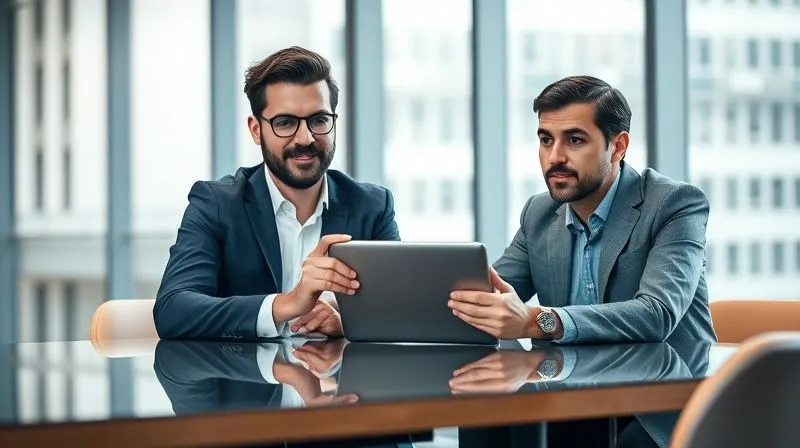 A photorealistic image of two professional individuals, a freelancer and a client, sitting at a modern conference table. The freelancer is calmly presenting a clear, visual solution on a tablet, while the client, initially tense, shows a subtle expression of understanding and relief. The atmosphere is professional and collaborative, with soft, cinematic lighting. Sharp focus on the individuals, depth of field blurring the background. 8K, professional photography, shot on a high-end DSLR.