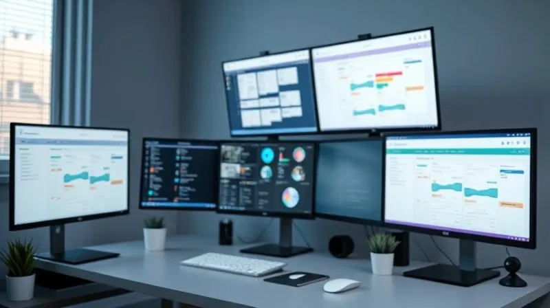 A photorealistic image of a sleek, modern desk setup for a digital freelancer, featuring multiple screens displaying various project management tools (e.g., Trello board, Slack chat, CRM dashboard) in an organized and efficient manner. The overall impression is one of calm productivity and technological empowerment. Cinematic lighting, sharp focus, depth of field, 8K, professional photography, shot on a high-end DSLR.