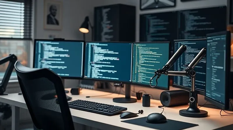 A photorealistic image of a highly organized and efficient freelancer's desk. Multiple monitors displaying code, a clean workspace with minimalist tech, a robotic arm prototype subtly in the background, focused on efficiency and productivity. Cinematic lighting, sharp focus on the central monitor, depth of field blurring the background, 8K hyper-detailed, professional photography.