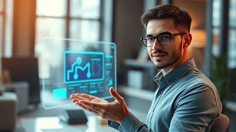 A photorealistic image of a freelancer, looking confident, presenting a digital product (e.g., a course interface or a software template) on a sleek holographic screen, surrounded by subtle robotic elements. Cinematic lighting, sharp focus on the freelancer and the product, depth of field blurring the modern workspace, 8K hyper-detailed, professional photography.