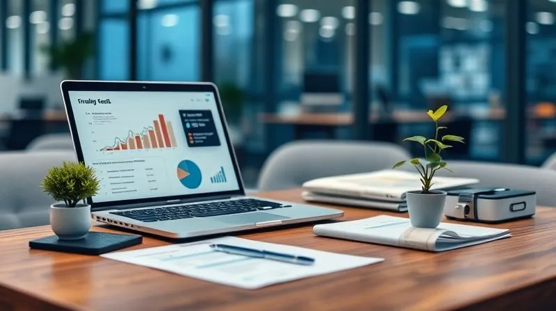 A photorealistic image of a neatly organized desk with a laptop displaying financial reports, a calculator, legal documents, and a small plant, symbolizing growth and stability. Cinematic lighting, sharp focus on the financial elements, depth of field blurring a modern office background, 8K hyper-detailed, professional photography.