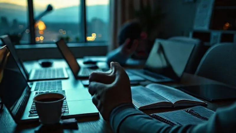 A photorealistic image of a freelancer's desk at dusk, with multiple open laptops and notebooks, a half-empty coffee cup, and a person's hand rubbing their temples in exhaustion. The scene should convey the feeling of being overwhelmed and stressed by too much work, with soft, dim cinematic lighting. Sharp focus on the freelancer's hand and face, depth of field blurring the background. 8K hyper-detailed, shot on a high-end DSLR.