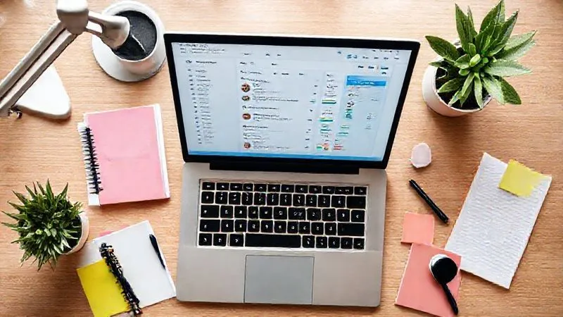 A photorealistic, top-down view of a well-organized desk setup with a laptop open to a project management software (like Asana or ClickUp, with a clean UI showing tasks and progress bars). There are color-coded sticky notes, a planner, a high-quality pen, and a minimalist plant. The lighting is bright and natural, indicating efficiency and clarity. Sharp focus on the desk items, depth of field blurring a subtle background. 8K hyper-detailed, shot on a high-end DSLR.