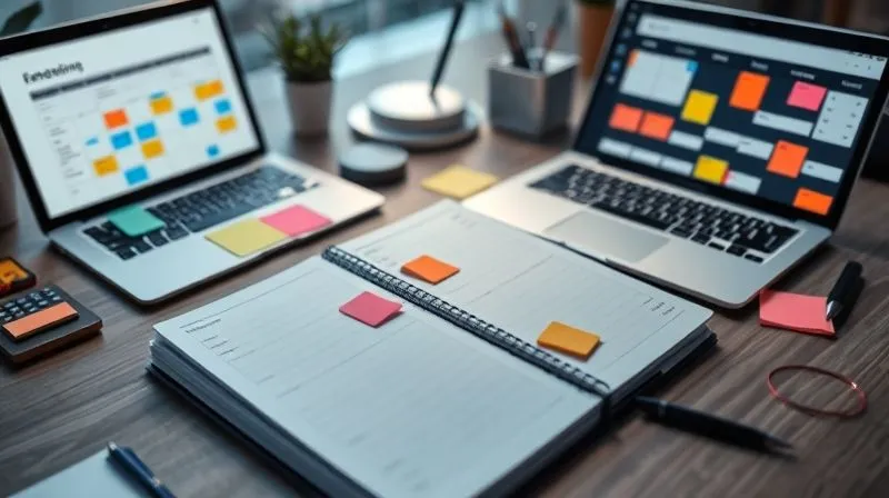 A photorealistic, professional photography, 8K, cinematic lighting, sharp focus, depth of field, shot on a high-end DSLR of a desk with a meticulously organized planner, color-coded sticky notes, and a laptop displaying a time-blocked calendar. The scene should evoke a sense of calm control and strategic planning.