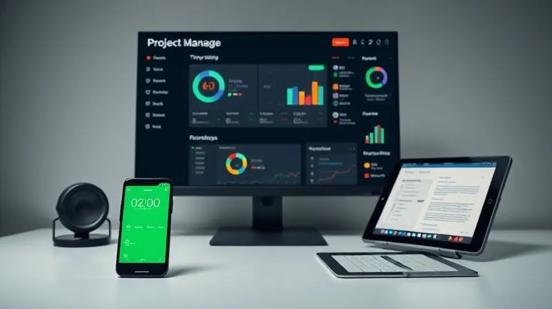 A photorealistic, professional photography, 8K, cinematic lighting, sharp focus, depth of field, shot on a high-end DSLR of a sleek, minimalist desk setup featuring a large monitor displaying a project management dashboard (e.g., Asana or ClickUp), a smartphone with a time-tracking app open, and a tablet showing a collaborative document. The overall impression is one of modern efficiency and seamless digital workflow.
