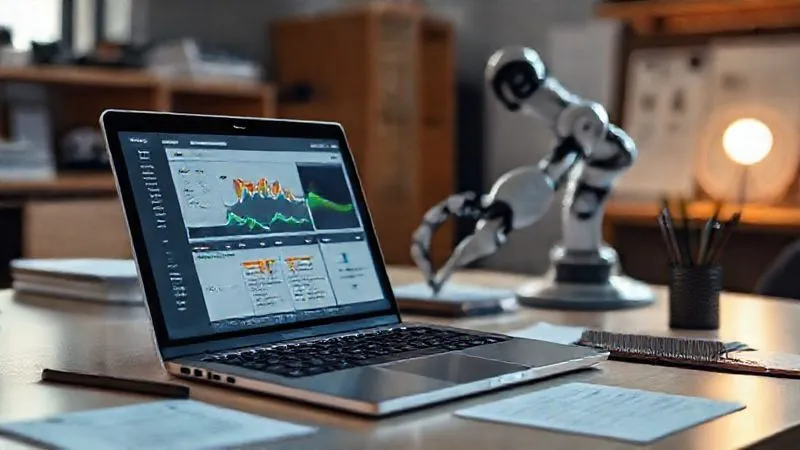 A photorealistic image of a freelancer's desk with a laptop displaying a project management dashboard, a robotic arm subtly assisting with a repetitive task in the background, organized notes, a clear focus on efficiency and technology integration, cinematic lighting, sharp focus, depth of field, 8K hyper-detailed, professional photography, shot on a high-end DSLR.