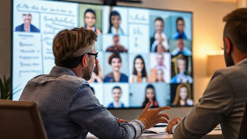 A photorealistic image of a freelancer leading an online group coaching session, multiple diverse faces visible on a large screen, the freelancer is energetic and engaging, a whiteboard in the background with strategic notes, warm and inviting lighting, sharp focus on the interaction, depth of field, 8K hyper-detailed, professional photography, shot on a high-end DSLR.