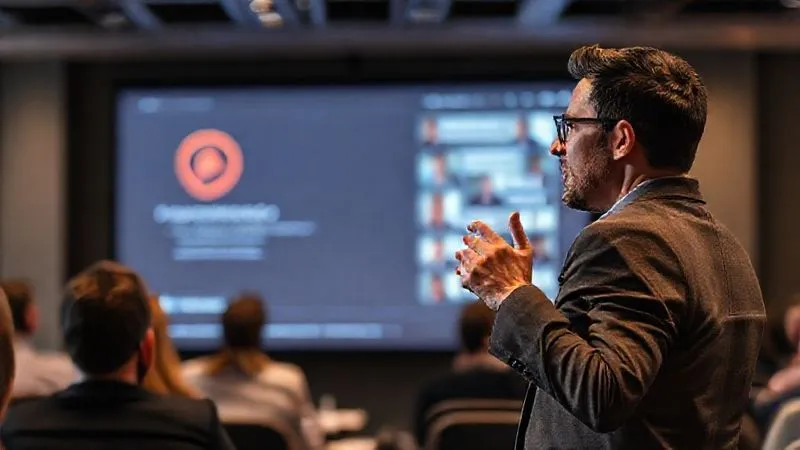 A photorealistic image of a professional freelancer confidently presenting at a virtual conference, a clear and engaging presentation slide behind them, a strong personal brand logo subtly visible, audience engagement visible in a chat window, modern and sleek design, cinematic lighting, sharp focus on the speaker, depth of field, 8K hyper-detailed, professional photography, shot on a high-end DSLR.