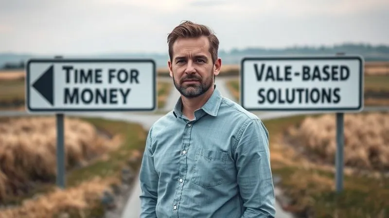 A photorealistic image of a person standing at a crossroads, one path leading to a 'Time for Money' sign and the other to a 'Value-Based Solutions' sign, with a clear, confident expression on their face, cinematic lighting, sharp focus, depth of field, 8K hyper-detailed, professional photography.