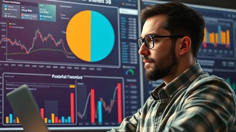 A photorealistic image of a freelancer looking at a complex financial chart, with different segments representing diversified income streams (services, digital products, subscriptions), a sense of strategic thinking and growth, cinematic lighting, sharp focus, depth of field, 8K hyper-detailed, professional photography.
