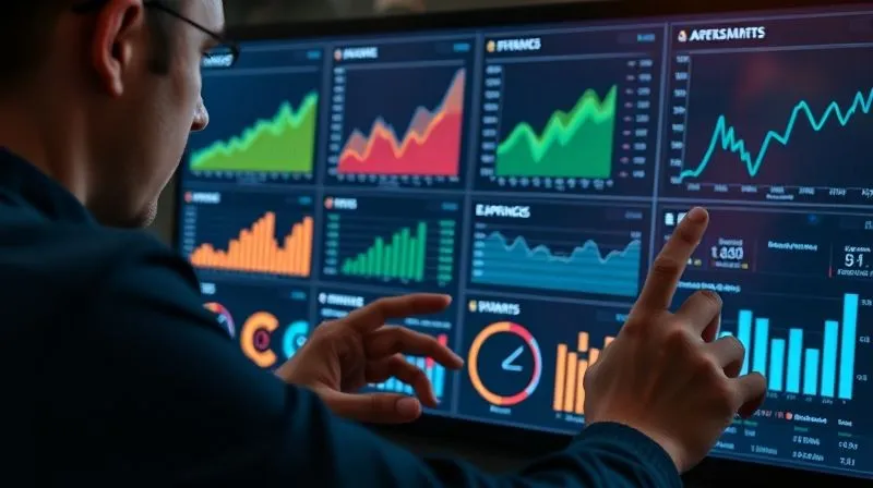 A photorealistic image of a person meticulously organizing digital financial dashboards, with charts showing income, expenses, investments, and growth, a professional and focused expression, cinematic lighting, sharp focus, depth of field, 8K hyper-detailed, professional photography.