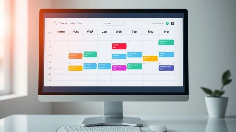 A photorealistic image of a digital calendar on a sleek monitor, displaying clearly defined, color-coded time blocks for different tasks like 'Deep Work', 'Client Calls', 'Email Management', and 'Breaks'. The calendar is clean and organized, with a minimalist aesthetic, cinematic lighting, sharp focus on the schedule, 8K hyper-detailed, depth of field, shot on a high-end DSLR.