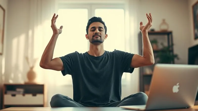 A photorealistic image of a digital freelancer, looking relaxed and peaceful, performing a gentle stretch or meditation pose in a sunlit home office, with a blurred laptop in the background. The scene conveys a sense of calm and mental well-being, cinematic lighting, sharp focus on the person, 8K hyper-detailed, depth of field, shot on a high-end DSLR.