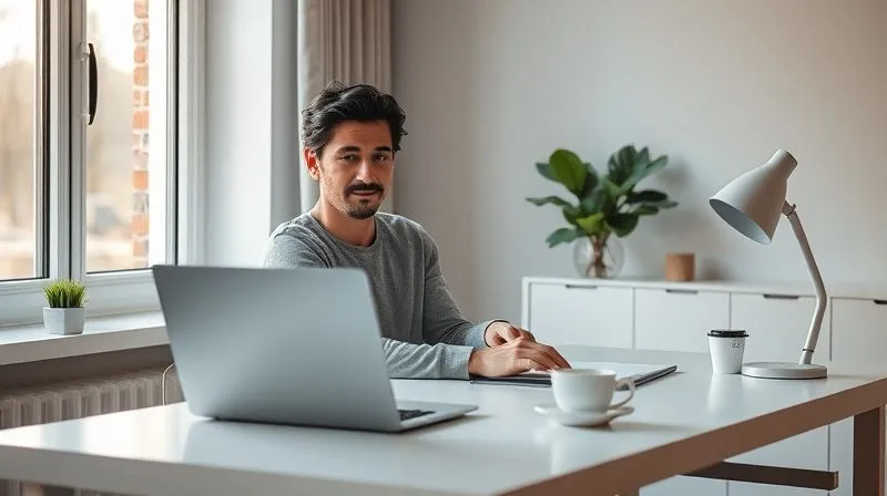 A photorealistic image of a person sitting calmly at a clean, minimalist desk in a home office, gently closing a laptop and looking out a window with a soft, content expression, perhaps with a warm cup of tea beside them. The scene evokes a sense of peace and winding down after work, cinematic lighting, sharp focus on the person, 8K hyper-detailed, depth of field, shot on a high-end DSLR.