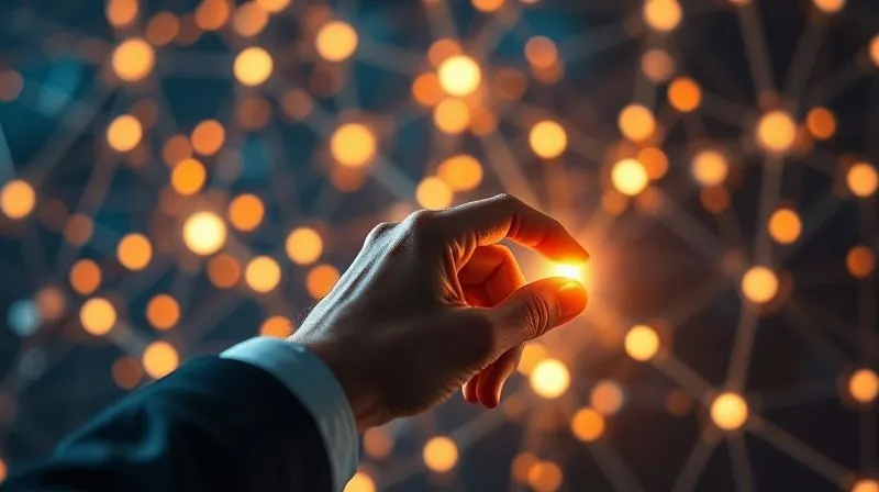 A photorealistic image of a vibrant, interconnected network of glowing lines and nodes, symbolizing strong, qualified connections. In the foreground, a professional hand is tending to a single, brightly lit node, emphasizing the importance of nurturing individual relationships. Cinematic lighting, sharp focus on the hand and node, depth of field blurring the complex background network. 8K hyper-detailed, shot on a high-end DSLR.