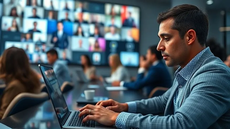 A photorealistic, wide-angle shot of a diverse group of professionals actively engaging in a virtual networking event on a large screen, with multiple chat windows and video calls open. One person in the foreground is attentively typing on a laptop, a thoughtful expression on their face, symbolizing active participation and proactivity. Cinematic lighting, sharp focus on the individual and screen, depth of field subtly blurring the background. 8K hyper-detailed, shot on a high-end DSLR.