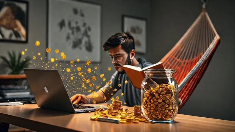 A photorealistic image depicting a freelancer at a desk, initially working intensely on a laptop with lines of effort emanating from them. Gradually, these lines transform into streams of golden coins flowing into a passive collection jar, while the freelancer is now relaxed, reading a book in a hammock in the background. Cinematic lighting, 8K, sharp focus on the transition, depth of field. Shot on a high-end DSLR.