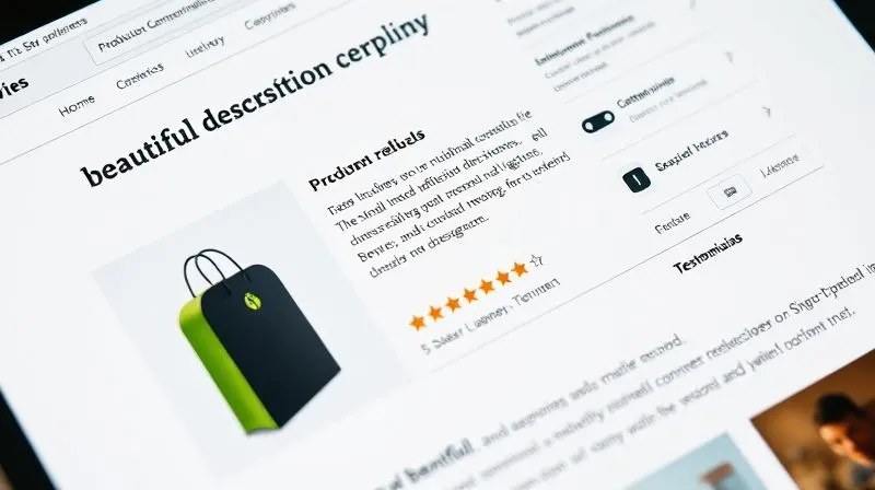 A photorealistic close-up of a product page on a Shopify store, showcasing a beautiful product image, detailed and benefit-oriented description, and a prominent section with 5-star customer reviews and testimonials. Cinematic lighting, sharp focus on the content, depth of field, 8K, professional photography.