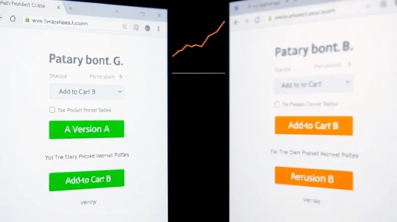A photorealistic split screen showing two versions of a Shopify product page side-by-side, labeled 'Version A' and 'Version B'. Version A has a green 'Add to Cart' button, Version B has an orange one. A graph above shows Version B with significantly higher conversion rates. Cinematic lighting, sharp focus, depth of field, 8K, professional photography.