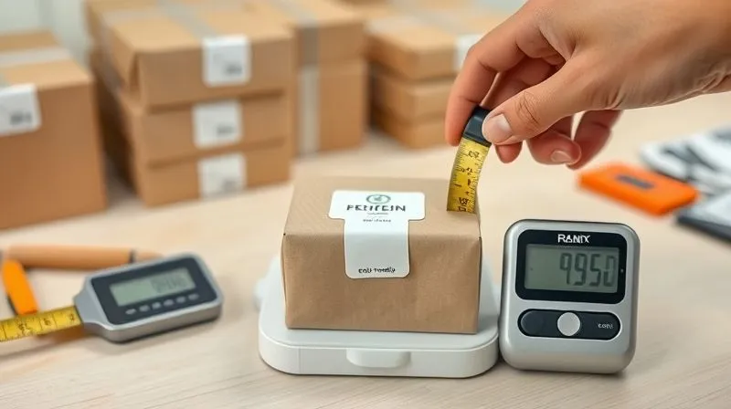 A close-up, photorealistic image of a small, eco-friendly e-commerce package being precisely measured with a tape measure on a clean, light-colored workbench. A digital scale shows the weight, and a hand holds a minimalist, branded label. Soft, diffused lighting, sharp focus on the package and tools, depth of field blurring a background of other neatly stacked, various-sized packages. 8K hyper-detailed, professional photography, shot on a high-end DSLR.
