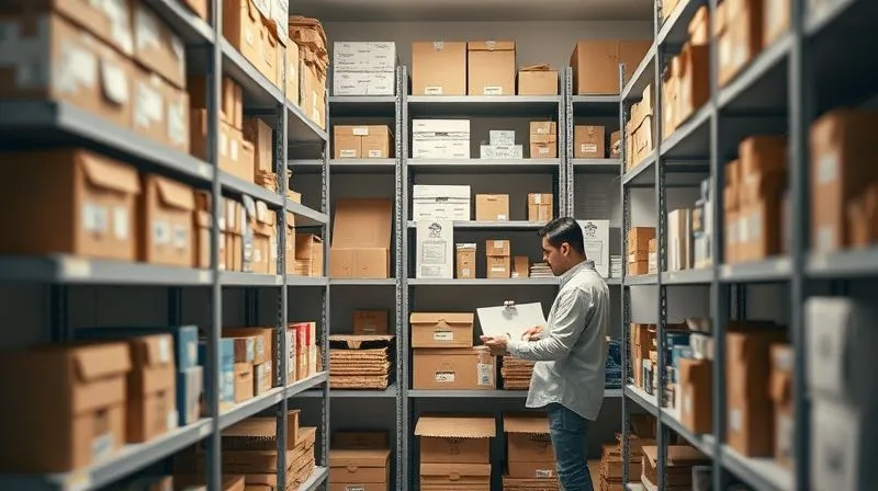 A photorealistic, highly organized small e-commerce storage space or home office corner. Shelves are neatly arranged with various sizes of boxes and products, clearly labeled. A person is efficiently picking an item, with soft, natural light illuminating the scene. Sharp focus on the organized items, depth of field blurring the background slightly. 8K hyper-detailed, professional photography, shot on a high-end DSLR.