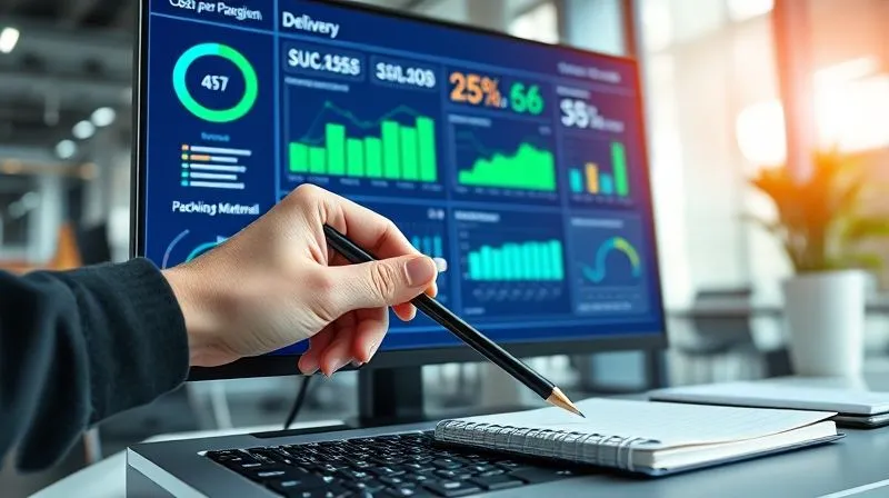 A photorealistic, vibrant dashboard display on a computer monitor, showing various logistics and cost optimization metrics. Charts include 'Cost per Package Trend', 'Delivery Success Rate', and 'Packaging Material Cost Breakdown'. The screen is bright, with data visualizations in green and blue. A hand with a pen is poised over a notebook next to the keyboard. Cinematic lighting, sharp focus on the screen, depth of field blurring a modern office background. 8K hyper-detailed, professional photography, shot on a high-end DSLR.