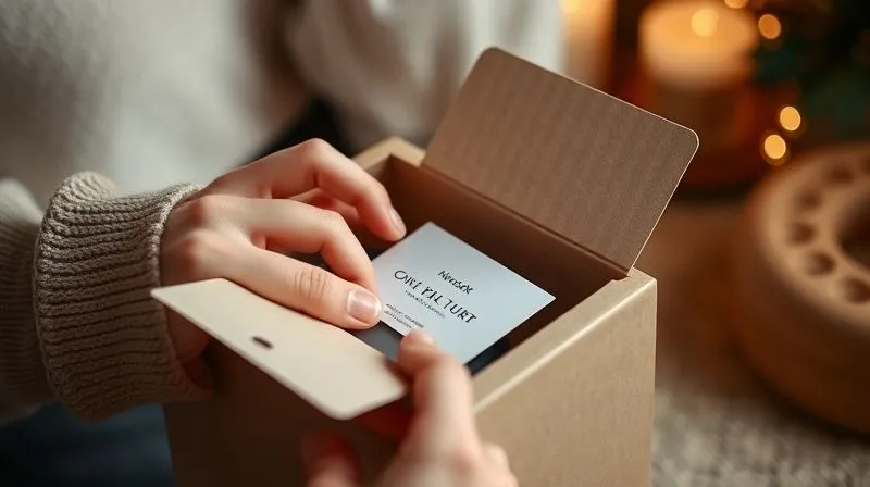 A photorealistic, aesthetically pleasing unboxing experience. A pair of hands gently opening a minimalist, branded e-commerce package. Inside, a product is nestled in eco-friendly, textured paper, with a small, elegant thank-you card visible. Soft, warm lighting, sharp focus on the hands and package contents, depth of field blurring a cozy, well-lit background. 8K hyper-detailed, professional photography, shot on a high-end DSLR.
