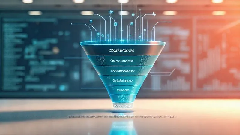 A photorealistic visualization of a vibrant, multi-stage sales funnel, with clear labels for 'Awareness', 'Consideration', 'Decision', and 'Loyalty'. Digital data streams flow smoothly between the stages, symbolizing automation. The background is a clean, modern interface, with cinematic lighting highlighting the progression. Sharp focus on the funnel, with a subtle depth of field. 8K hyper-detailed, professional photography, shot on a high-end DSLR.